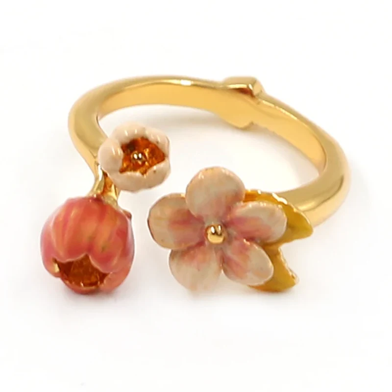 Guldpläterad öppning Emaljblommor Ring Ring
